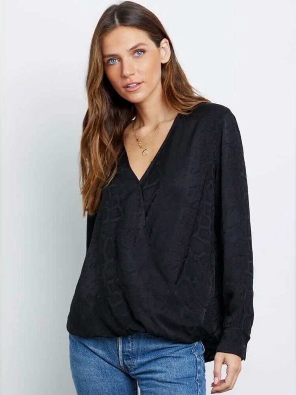 Rails Hillary Faux Wrap Black Snakeskin Plunge V-Neck Blouse